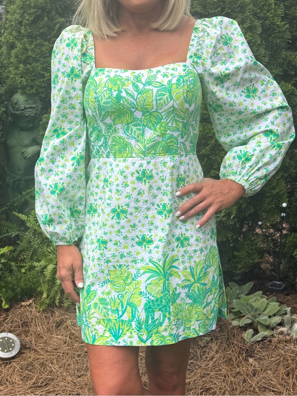 Lilly Pulitzer Green Floral Square-Neck Puff Sleeve Mini Dress/Romper